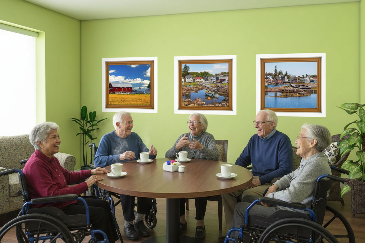 Seniors around table with coffee pointing at murals